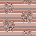 Seamless pattern of beige flowers of peony on a deep pink background with gray, white coral horizontal stripes. Watercolor Royalty Free Stock Photo