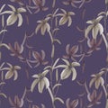 Seamless pattern of wild beige and violet flowers on a deep violet background. Watercolor
