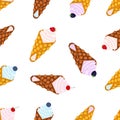 Seamless pattern of belgian, chinese waffles - yogurt, cream and berries