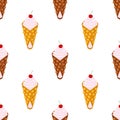 Seamless pattern of belgian, chinese waffles - yogurt, cream and cherry