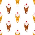 Seamless pattern of belgian, chinese waffles - yogurt, cream and strawberry