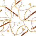 Seamless pattern with belts, chain, braid, Golden Key and pearls. Baroque print. Background for fabric design