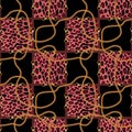 Seamless pattern with belts, chain and texture of leopard skin. Background for for fabric design.