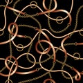 Seamless pattern with belts, chains and rope on black background