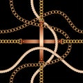 Seamless pattern with belts, chains and rope on black background