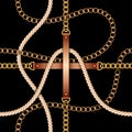 Seamless pattern with belts, chains and rope on black background