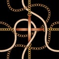 Seamless pattern with belts, chains and rope on black background