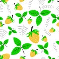 Seamless pattern with berries, flowers and strawberry leaves on white isolated . Vector illustration