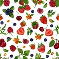 Seamless pattern with berries raspberries, cloudberries, blueberries, blueberries, strawberries,sea-buckthorn on a white backgroud