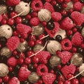 Seamless pattern with berries, raspberry, gooseberry, blueberry, currant