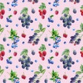 Seamless pattern, berry background of blackberries, raspberries and blueberries, watercolor botanical illustration Royalty Free Stock Photo