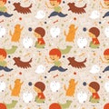 Seamless pattern with best friends. Doodle illustration with boys and dogs. Print for background wallpaper wrapping paper and