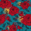 Seamless pattern with beutiful peonies in hand drawn style
