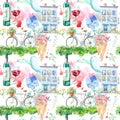 Seamless pattern of a bicycle,red wine, flowers and house. Royalty Free Stock Photo