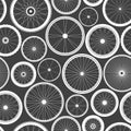 Seamless pattern with bicycle wheels. Bike rubber tyre silhouettes. Fitness cycle, road and mountain bike. Vector Royalty Free Stock Photo