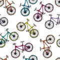 Seamless Pattern of Bicycles. Endless Bike Background. Realistic Hand Drawn Illustration. Savoyar Doodle Style. Royalty Free Stock Photo