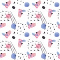 Seamless pattern with big blue, pink and black blots and brush strokes painted in watercolor on white background