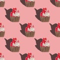 Seamless pattern with big cupcakes silhouettes, muffin sweet white cake and red on top painted with gouache on pink background.