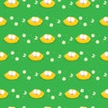 Seamless pattern with bird eggs in nest. Cartoon style for fabric, background. Juicy herbal green and yellow colors.