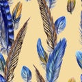 Seamless pattern from bird feathers on a beige background, watercolor drawing. Royalty Free Stock Photo