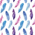 Seamless pattern bird feathers, watercolor illustration