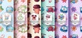 Seamless pattern - bird, flower, rabbit, coffee, bear, tiger, frog, toad