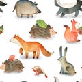 Seamless pattern with bird; leaf; hazelnut; mushroom; squirrel, hedgehog, fox, hare, rabbit, boar, badger