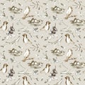 Seamless pattern of a bird,nest and floral.Forest animals and branch.