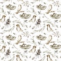 Seamless pattern of a bird,nest and floral.Forest animals and branch.