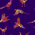 Seamless pattern of bird pheasant, vector silhouettes.