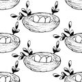 Seamless pattern with Bird's Nest, Easter eggs and branches isolated on white background. Natural interlacing. Black Royalty Free Stock Photo