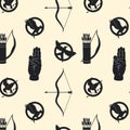 Seamless pattern with Bird signs Mockingjay, Bow and arrow