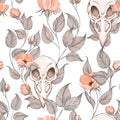 Seamless pattern with bird skull with leaves and flowers