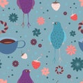 Seamless pattern with bird, strawberries, a cup of tea and floral elements.