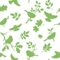 Seamless pattern with bird and twig silhouettes. Spring background with green birds. Vector illustration