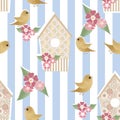 Seamless pattern with birdhouses and birds on striped Royalty Free Stock Photo