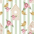 Seamless pattern with birdhouses and birds on striped Royalty Free Stock Photo