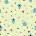 Seamless pattern birdhouses, Gazinia and roses flowers on green background. Country garden spring repeat motif, vector design eps