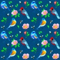 Seamless pattern with birds, bees and dog-rose flowers on blue background Royalty Free Stock Photo