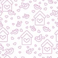 Seamless pattern with birds, birdhouses and hearts