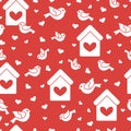 Seamless pattern with birds, birdhouses and hearts