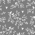 Seamless pattern with birds and branches of tree. Tree branches with leaves on a gray background Royalty Free Stock Photo