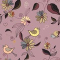 Seamless Pattern With Birds, Butterflies, Anemones, Wild Flowers And Pastel Pink Colors. Small Chamomile In Vintage Watercolor And