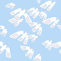 Seamless pattern, birds flock flying. White doves in sky, endless background. Repeating print, winged pigeons in flight