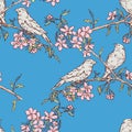 Seamless pattern of birds on flowering branches