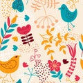 Seamless pattern with birds and flowers