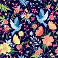 Seamless pattern with birds and flowers. Royalty Free Stock Photo