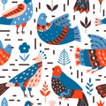 Seamless pattern with birds and flowers with different folk ornaments