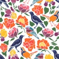 Seamless pattern with birds and flowers.