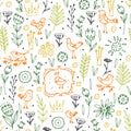 Seamless pattern with birds, flowers and leaves on white background.